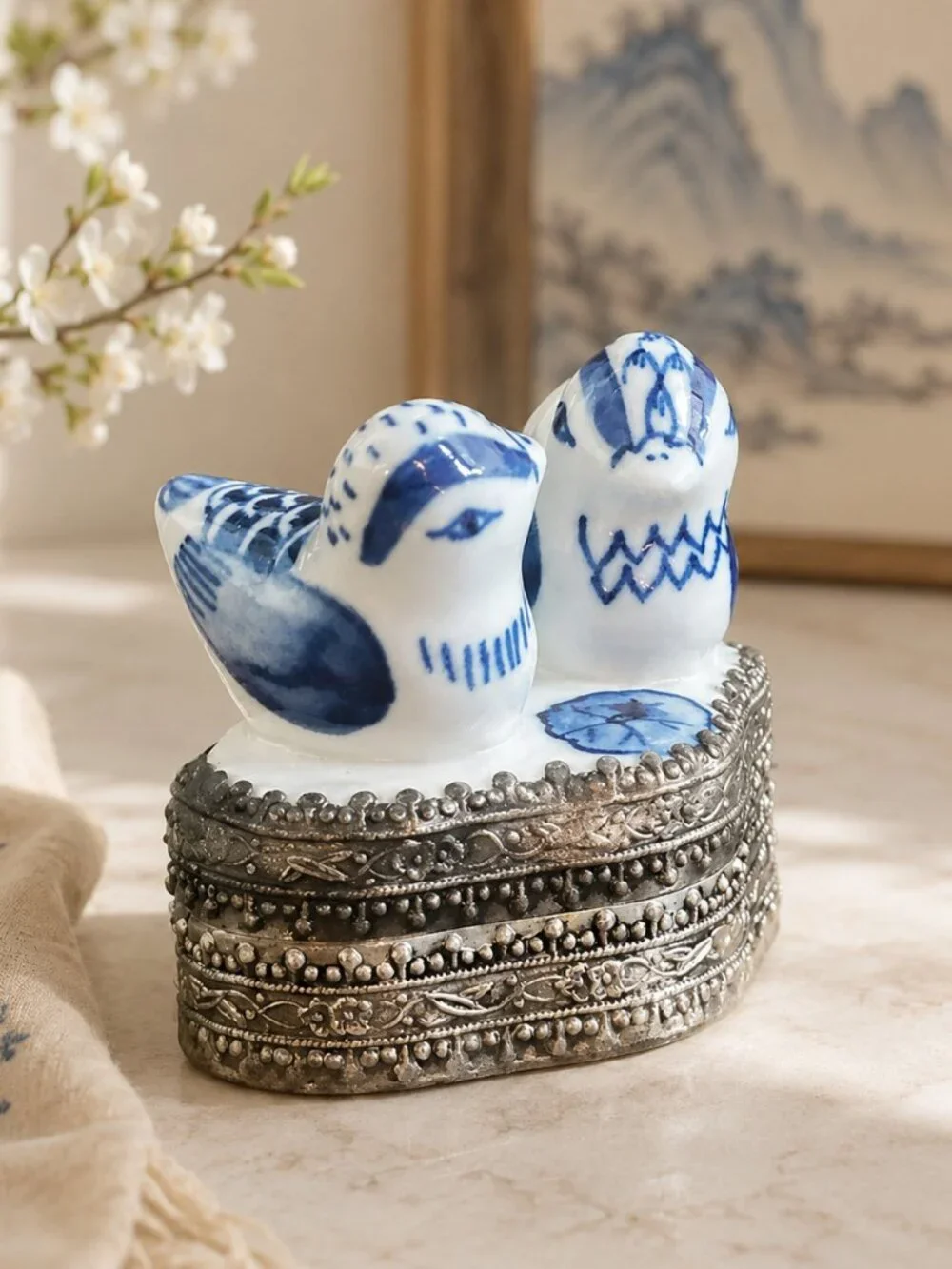 Vintage Blue & White Chinese Silver Plated Trinket Box With Hand-Painted Birds